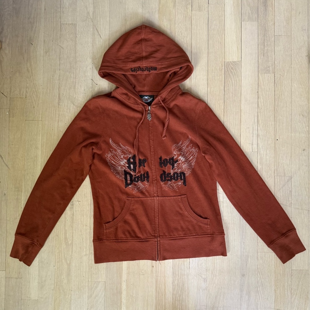 Harley Davidson Burnt Orange Hoodie with Wing Graphics